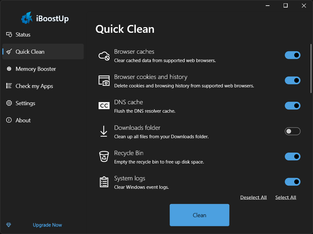 iBoostUp for PC Quick Clean screen